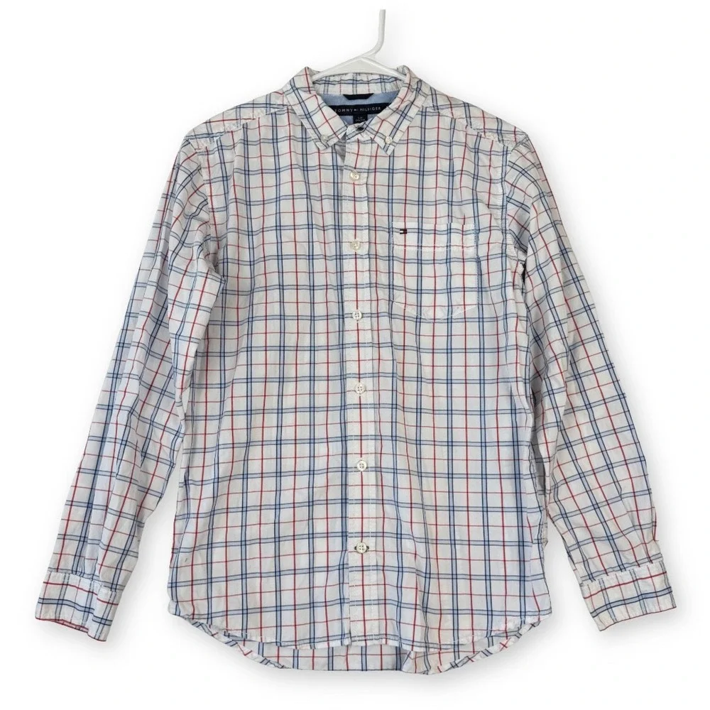 Tommy Hilfiger Boys Red White Blue Plaid Button Down Shirt Large 16/18 T874321Q